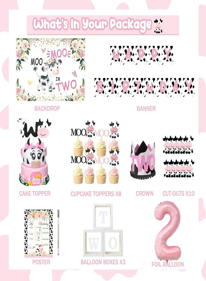 Fiesec Moo Moo Im Two Birthday Decorations Girl, 2nd Birthday Decorations for Girl, Cow Theme Backdrop Balloon Banner Cake Toppers Boxes Cutout Crown Poster for Girls Two Years Old Party Supplies - Image 2
